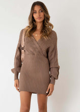 Load image into Gallery viewer, Sweater Dress, Short sweater dress, Bodycon Sweater Dress, Mini Sweater Dress, Spring Sweater Dress, Cable Knit Bodycon Dress, cute new years eve outfits, plunging v neck dress, sweater tops for women, cable knit jumper womens, brown knitted jumper, holiday sweaters womens, light brown cable knit jumper, skin pink v neck jumper for women, womens jumper dress, off shoulder dress.