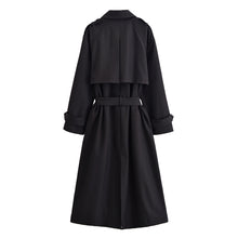 Load image into Gallery viewer, Maxim Long Black Oversized Trench Coat – Double Breasted, Belted Waist, Chic Layering Coat, Old money Fall Office Outfit