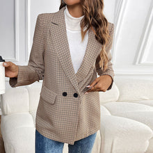 Load image into Gallery viewer, Affordable plaid blazer under $100, double breasted blazer women in hip length cut, stylish quiet luxury plaid blazer for fall 2025, plaid blazer with jeans outfit, neutral tone blazers for fall, workwear blazer for women, oversized plaid blazer trend 2025.