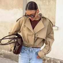 Load image into Gallery viewer, Beige trench jacket, Petite trench coat layered as office outfit trench coat or meeting-ready trench coat, sustainable cropped trench coat for women, covetable neutrals and chic pastel outfit, cropped jacket women.