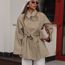 Load image into Gallery viewer, Belted trench coat women, work-appropriate cropped trench coat for office, casual chic beige trench coat for spring style, office ready trench coats 2025, hip length modern trench, fall trench coat outfit women.