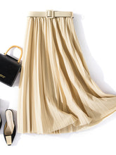 Load image into Gallery viewer, Chic pleated midi skirt outfit, belted high-waist design for autumn quiet luxury fashion. Perfect for what to wear to brunch in fall, date night looks, and Pinterest fall layering outfit ideas.