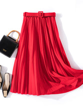 Load image into Gallery viewer, Chic pleated midi skirt with belt, perfect for fall office outfits for women and autumn brunch looks. Style this flowy high-waist skirt for quiet luxury fashion and Parisian chic outfit ideas.