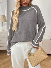 Load image into Gallery viewer, Cozy knit turtleneck sweater for women with contrast trim and modern piping detail, classy camel beige pullover for brunch, weddings, or business casual office outfits this fall, high neck knit sweater women, old money quiet luxury knit, contrast trim turtleneck sweater.