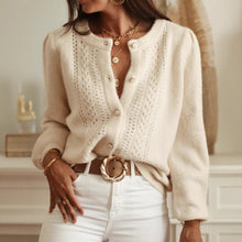 Load image into Gallery viewer, Cream knit cardigan sweater top with pearl button front and textured knit detail – cozy fall layering piece for women, perfect knitwear staple for capsule wardrobe and weekend brunch outfits.
