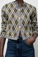 Load image into Gallery viewer, Cropped grey argyle button-up knit cardigan for women with gold buttons, preppy collegiate diamond pattern, and vintage-inspired fall layering cardigan look for office, brunch, or weekend wear.