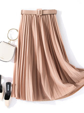 Load image into Gallery viewer, fall skirts for women, Elegant pleated skirt outfit idea for what to wear to brunch in fall. Belted midi skirt in chiffon for Pinterest fall fashion outfits, autumn travel looks, and versatile layering wardrobe essentials,