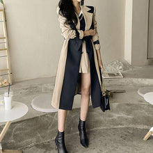 Load image into Gallery viewer, womens two toned trench coat, womens wrap winter coat, womens winter swing coats, long trench coat, belted trench coat, long winter parka womens, stylish coats for women, dressy winter coat, women's winter coats & jackets, womens belted winter coat, womens trench coat, coats and jackets, long parka coat for women, women's dual toned trench coat, camel coat, black trench coat, fall aesthetic womens coat.