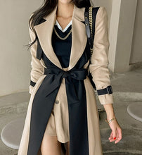 Load image into Gallery viewer, womens two toned trench coat, womens wrap winter coat, womens winter swing coats, long trench coat, belted trench coat, long winter parka womens, stylish coats for women, dressy winter coat, women's winter coats & jackets, womens belted winter coat, womens trench coat, coats and jackets, long parka coat for women, women's dual toned trench coat, camel coat, black trench coat