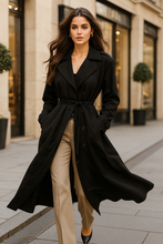 Load image into Gallery viewer, Long black trench coat women, belt waist trench coat with pockets, wrinkle free oversized trench, full length black trench for office layering, stylish fall.