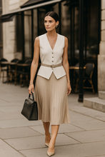 Load image into Gallery viewer, Minimalist vest women sleeveless tailored white styled for office outfits women, power dressing, and chic quiet luxury outfits, Minimalist buttoned vest white, tailored sleeveless vest top for women, chic summer brunch outfit, versatile workwear layering piece.