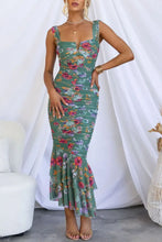 Load image into Gallery viewer, Curve-hugging maxi dress with ruffles and square neckline.