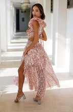 Load image into Gallery viewer, Side cutout Dress, Long floral Dress, Flowy maxi Sundress, Summer Plunging V neck Dress, Summer long ruffle dress, Summer Cut out Dress, long ruffle dress, summer floral maxi dress, summer cutout maxi dress, Cut out waist dress, cut out back dress, Floral Dresses for women, floral front cut out maxi dress, split dress, maxi slit dress, prom and dance dress, prom dress, spring outfit, slit prom dress with high leg