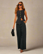Load image into Gallery viewer, Denim vest and pants set, fancy pantsuit, denim two piece set, dressy pantsuit, vest and pants set, jean two piece set, wide leg pants set, denim matching sets, 2 piece denim pants and jacket set, denim on denim set, jean pantsuit, co ord sets, denim co-ord set, sleeveless button-down denim vest and wide leg jeans set, two piece denim co-ord set for women.