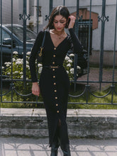 Load image into Gallery viewer, Autumn Winter Long Sleeve Knitted Dress Button Split Russia Hip Wrapped Sweater Cardigan Dress No Belt