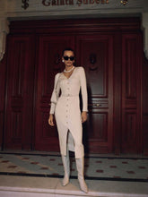 Load image into Gallery viewer, Autumn Winter Long Sleeve Knitted Dress Button Split Russia Hip Wrapped Sweater Cardigan Dress No Belt