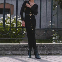 Load image into Gallery viewer, Autumn Winter Long Sleeve Knitted Dress Button Split Russia Hip Wrapped Sweater Cardigan Dress No Belt