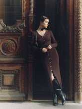 Load image into Gallery viewer, Autumn Winter Long Sleeve Knitted Dress Button Split Russia Hip Wrapped Sweater Cardigan Dress No Belt