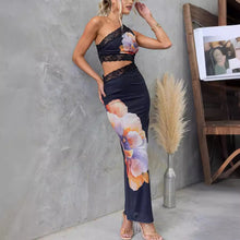 Load image into Gallery viewer, bodycon maxi dress, floral maxi dress, floral cutout maxi dress, cutout maxi dress, lace dress, lace maxi dress, one shoulder maxi dress, long floral dress, womens evening dress, black lace dress, elegant floral dress, black evening dress, prom dress, wedding guest dress, cocktail dresses, summer dresses, summer wedding guest dresses, long summer dresses.
