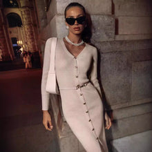 Load image into Gallery viewer, Autumn Winter Long Sleeve Knitted Dress Button Split Russia Hip Wrapped Sweater Cardigan Dress No Belt