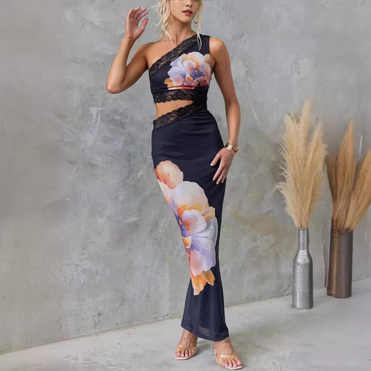 bodycon maxi dress, floral maxi dress, floral cutout maxi dress, cutout maxi dress, lace dress, lace maxi dress, one shoulder maxi dress, long floral dress, womens evening dress, black lace dress, elegant floral dress, black evening dress, prom dress, wedding guest dress, cocktail dresses, summer dresses, summer wedding guest dresses, long summer dresses.