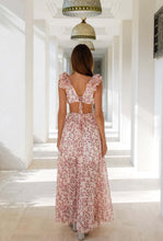 Load image into Gallery viewer, long ruffle dress, summer floral maxi dress, summer cutout maxi dress, Cut out waist dress, cut out back dress, Floral Dresses for women, floral front cut out maxi dress, split dress, wedding guest dress, prom and dance dress, prom dress, spring outfit, slit prom dress with high leg, cocktail party outfits, lunch date outfits, floral cut out maxi dress, long day dresses, long vacation dresses, maxi flower dress, cute summer dresses, maxi slit dress.
