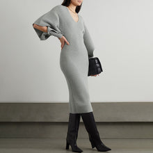 Load image into Gallery viewer, Long sweater dress, Bodycon Sweater Dress, midi sweater dress, midi knit dress, long knit dress, Jumper Dress, ribbed knit dress, Knit Sweater Dress, womens jumper, fall outfits, Spring Sweater Dress, Knit Bodycon Dress, cute new years eve outfits, Cute warm fall outfits, Long sleeve knit dress,plunging v neck dress, long sleeve knit dress, long black sweater dress, midi knit dress.