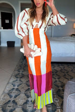 Load image into Gallery viewer, Bold Striped Colorblock Maxi Dress | Vertical Stripe Puff Sleeve Maxi Dress | Cute Summer Dress