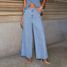 Load image into Gallery viewer,  fancy pantsuit, denim two piece set,  2 piece denim pants and jacket set, denim on denim set, jean pantsuit, jean pantsuit, jean jacket pants set, chic business attire, Trouser Suit, co ord sets, trouser pant suit, female waistcoast and pants, stylish denim outfit for brunch or casual evening, elevated denim set for going out, wide leg pantsuit.