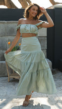 Load image into Gallery viewer, womens two piece set, Two Piece skirt set, Ruffle Crop top, Ruched crop top, suspender top, Two piece Maxi Dress, Coord Sets, Maxi Skirt outfit set, skirt coord set, 2 piece sets, Coord set dress, ladies cords, holiday two piece sets, green co-ord set, skirt co ords sets, two piece lounge sets, summer co ord outfits, two piece co ord set skirt, swing skirt and crop top set.