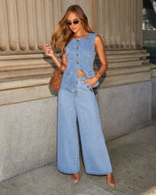 Load image into Gallery viewer, Denim vest and pants set, fancy pantsuit, denim two piece set, dressy pantsuit, vest and pants set, jean two piece set, wide leg pants set, denim matching sets, 2 piece denim pants and jacket set, denim on denim set.