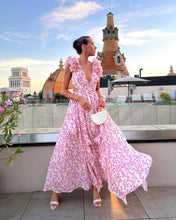 Load image into Gallery viewer, cutout floral maxi sundress, ruffle maxi dress, Summer maxi dress, Maxi Sundress, floral Maxi Dress, Cut out waist dress, cut out back dress, Floral Dresses for women, floral front cut out maxi dress, split dress, wedding guest dress, prom and dance dress, prom dress, spring outfit, slit prom dress with high leg, cocktail party outfits, lunch date outfits, floral cut out maxi dress, long day dresses.