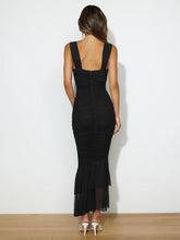 Load image into Gallery viewer, Bodycon maxi dress, bandage dress, Bandage Bodycon Dress, Ruffle Ruched Bodycon Maxi dress, Ruched Bodyon Dress, Ruched dress with mermaid hem, Bodycon Maxi Dress, Ruched Cocktail Dress, Long ruffle Maxi Dress, Mermaid ruffle dress, Ruched Mermaid Dress, Ruched Dress with ruched bodice, Ruffle Ruched Maxi, black Ruched Dress, black ocktail party dress, cocktail dresses, sexy party dresses.