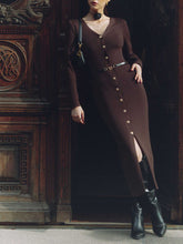 Load image into Gallery viewer, Autumn Winter Long Sleeve Knitted Dress Button Split Russia Hip Wrapped Sweater Cardigan Dress No Belt