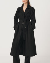 Load image into Gallery viewer, Oversized black trench coat women, double breasted belted trench, full length jet black trench, classic trench coat women, fall trench coat outfit, office wear.