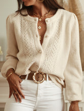Load image into Gallery viewer, Women’s cozy cream cardigan sweater top with pearl-button detail and textured knit design – chic layering knitwear for fall, capsule wardrobe must-have for weekend and work, wearable for brunch outfits, work layering, and stylish fall knitwear looks.