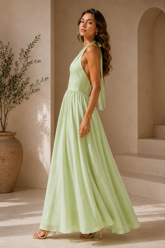 Pista green maxi dress with deep V halter maxi neckline and adjustable tie-back detail, plunging v neck maxi dress, resort dinner halter dress, Open back maxi dress with high waist A-line maxi fit and long adjustable ties, creating a soft vacation open back maxi aesthetic for beach brunch maxi dress and destination wedding guest dress.