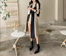 Load image into Gallery viewer, womens two toned trench coat, womens wrap winter coat, womens winter swing coats, long trench coat, belted trench coat, long winter parka womens, stylish coats for women, dressy winter coat, women's winter coats & jackets, womens belted winter coat, womens trench coat, coats and jackets, long parka coat for women, black trench coat, fall aesthetic womens trench coat.