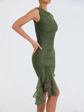 Load image into Gallery viewer, ruffle ruched midi dress, Bodycon dress, ,Midi bodycon bandage dress, bandage bodycon dress, new years eve dress, green bodycon ruffle ruched midi dress, Ruffle Maxi Dress, Cute winter brunch outfit,Layered ruffle dress, Midi Party dresses and gowns, Ruffle Mermaid Dress, Prom & dance dresses, Bodycon Lace Dress, bandage midi dress.