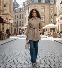 Load image into Gallery viewer, Short trench coat women in beige, perfect for brunch outfits, Instagram-worthy cropped trench coat petite women for fall layering, Belted trench coat women, work-appropriate cropped trench coat for office.