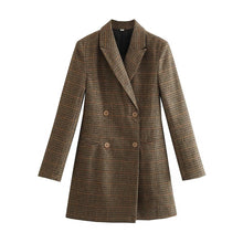 Load image into Gallery viewer, Tailored houndstooth blazer dress women with sculpted fit and gold buttons, classic plaid blazer mini dress ideal for workwear blazer dress or date night tailored blazer mini dress outfit.