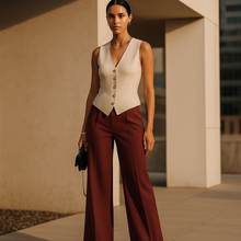 Load image into Gallery viewer, Tailored vest outfit, Buttoned white vest women’s power piece elevated and styled for office outfits women, chic layering pieces, and clean girl look clothes, white vest, office outfits women,