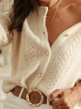 Load image into Gallery viewer, Textured knit cardigan sweater top for women in cream with pearl buttons and long sleeves – your go-to cozy sweater top for fall outfit ideas and capsule wardrobe essentials.
