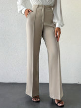 Load image into Gallery viewer, Women’s column wide-leg trousers with center crease, high waist neutral beige tailored office pants, business casual wardrobe essential.