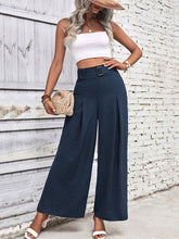Load image into Gallery viewer, Women’s navy blue wide leg pants with belt, polished pleated high waisted trousers, chic flowy brown workwear pants outfit, stylish wide leg dress pants for office to vacation outfits.