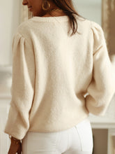 Load image into Gallery viewer, Women’s pearl-button knit cardigan sweater in cream, relaxed fit with subtle puff sleeves and ribbed hem – ideal cozy cardigan for work layering and stylish sweater top looks.