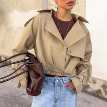 Load image into Gallery viewer,  affordable cropped trench coat under $100, pastel cropped trench coat, it girl jacket cropped trench, cropped jacket women, asymmetrical cut cropped trench coat, trench coat outfit, cropped jacket women.