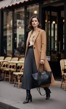 Load image into Gallery viewer, affordable luxury tote women, Elegant Solenne business tote bag for women in black PU leather, minimalist structured tote, a versatile affordable luxury tote bag styled with business casual outfits and autumn capsule wardrobes, luxury tote bag for work and travel.