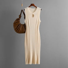 Load image into Gallery viewer, layering dress, cream color bodycon dress for layering, knit bodycon midi dress, ribbed knit dress, Sleeveless viscose knit slim-fit midi dress round neckline dress perfect for cocktail outfit, summer evening dress, minimalist chic aesthetic in cream, black, red, grey.