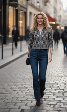 Load image into Gallery viewer, argyle cardigan women, grey argyle cardigan, gold button cardigan, Classic collegiate cropped cardigan for women in grey argyle knit with luxe gold buttons and ribbed cuffs. stylish retro sweater for curvy, petite, and hourglass body types.